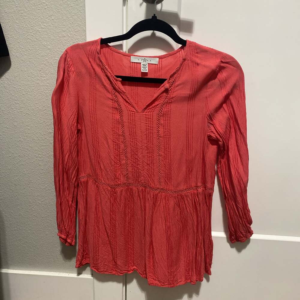 Fever Women's Coral Orange 3/4 Sleeve Peasant Boho Top with Crochet Inset